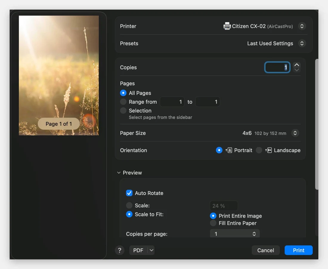 macOS-Druckdialog mit dem Citizen CX-02 (AirCastPro) direkt im Drucker-Dropdown auswählbar